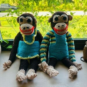 Handmade Vintage Crochet Monkey Dolls Duo Removable Outfits